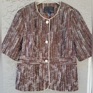 Yansi Fugel Brown Cotton Linen Blend Textured Jacket Size 16 Lined Short Sleeve
